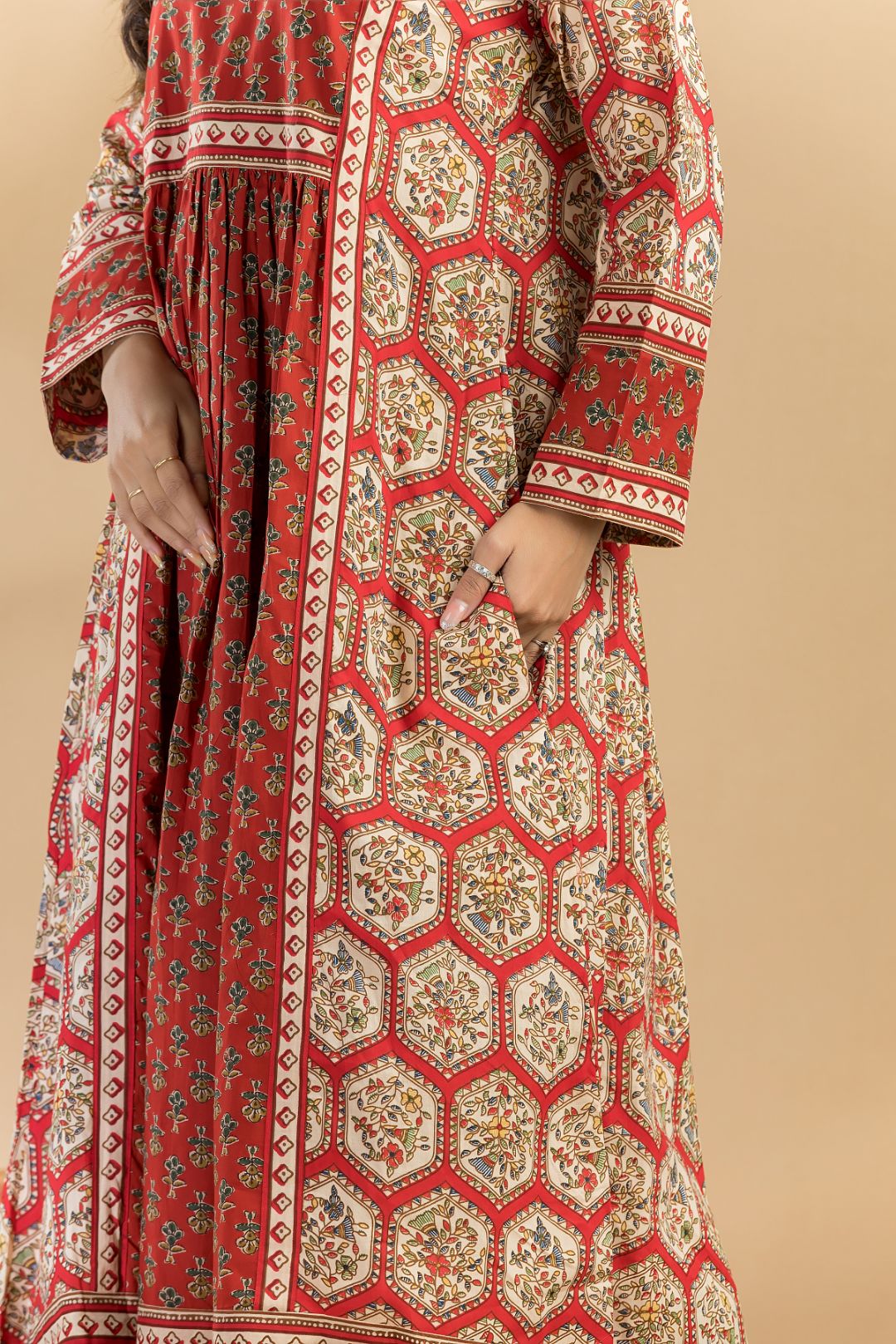 Red Floral Print A-Line Kurta With Pant