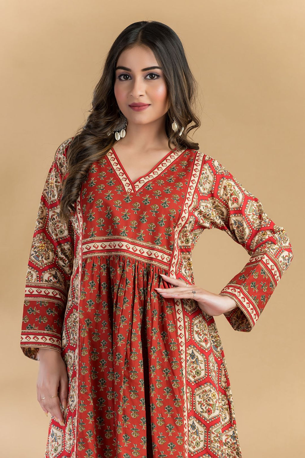Red Floral Print A-Line Kurta With Pant