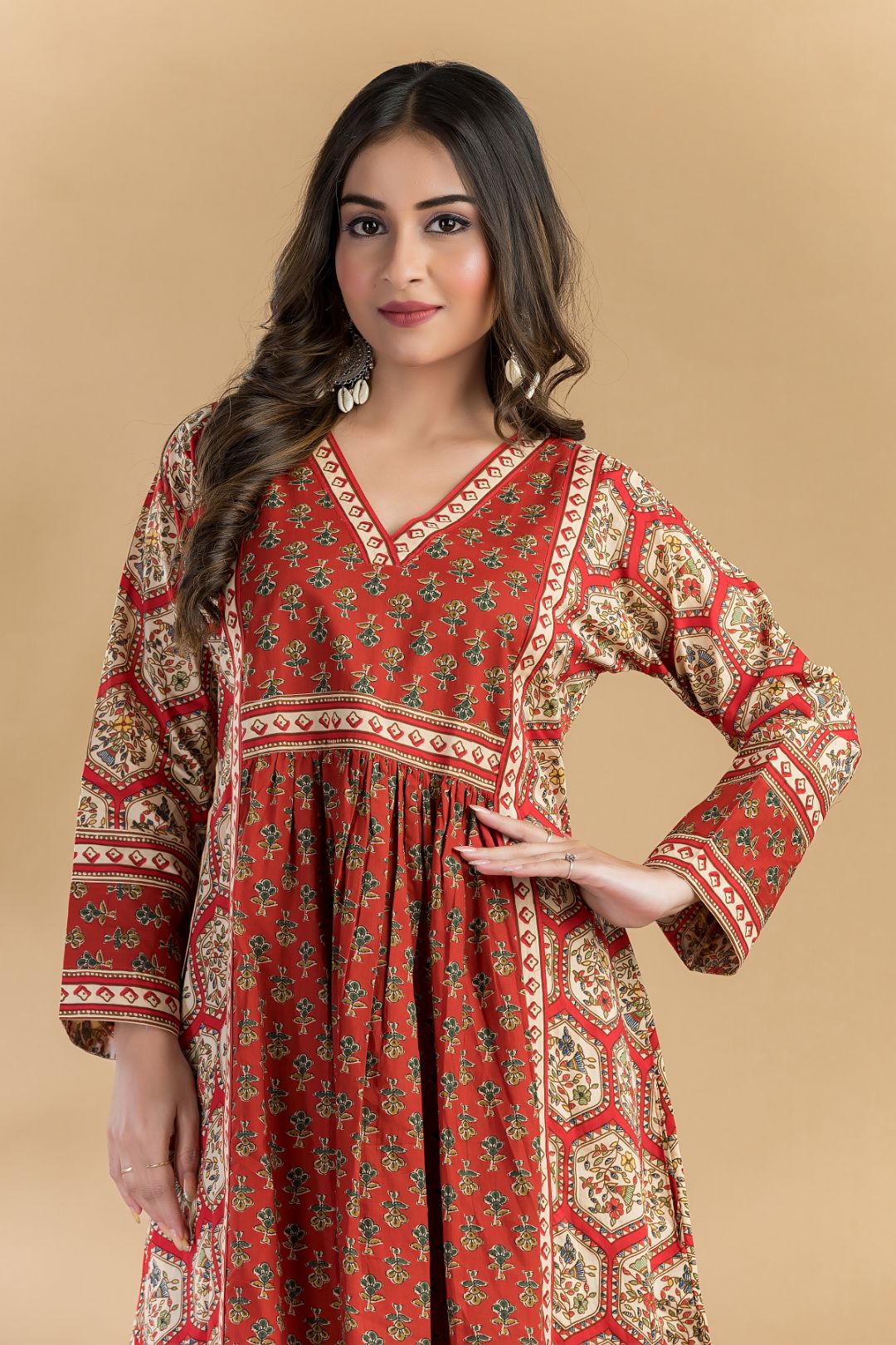 Red Floral Print A-Line Kurta With Pant
