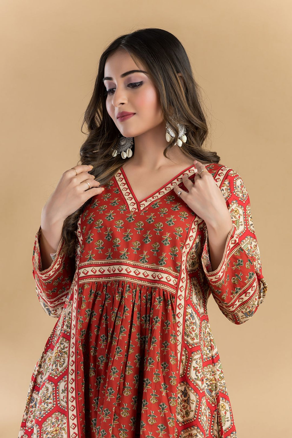 Red Floral Print A-Line Kurta With Pant