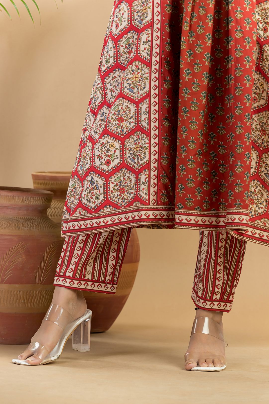 Red Floral Print A-Line Kurta With Pant