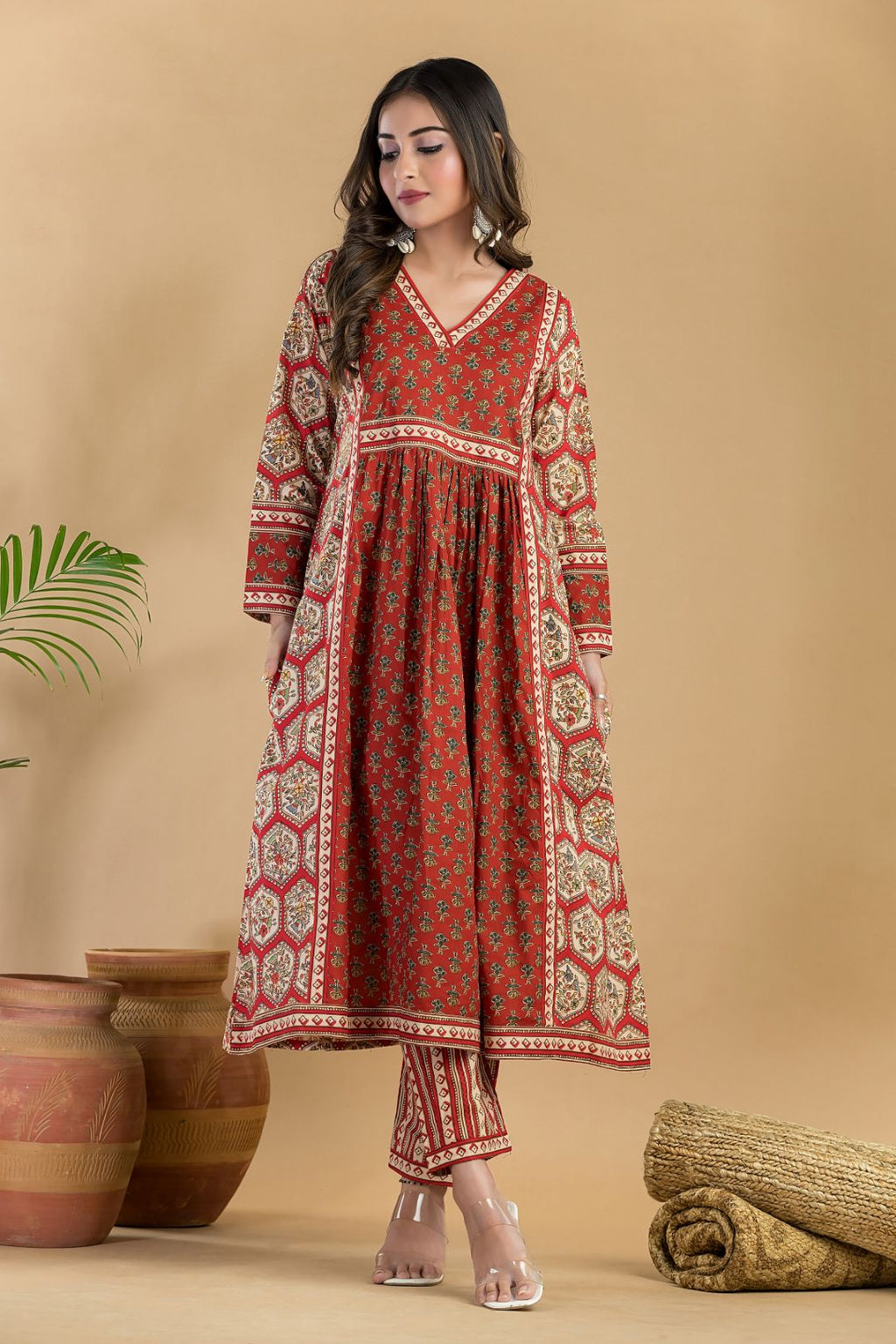 Red Floral Print A-Line Kurta With Pant