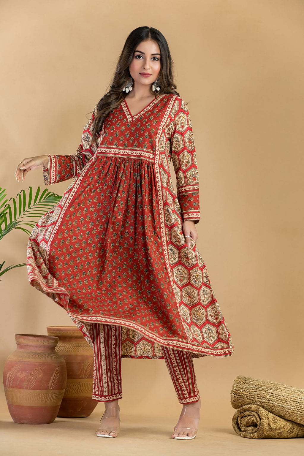 Red Floral Print A-Line Kurta With Pant