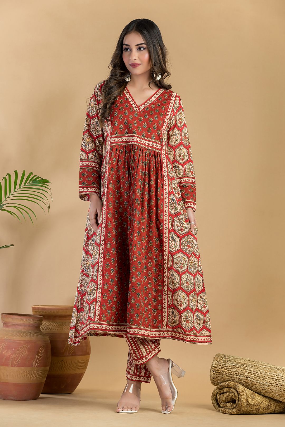 Red Floral Print A-Line Kurta With Pant