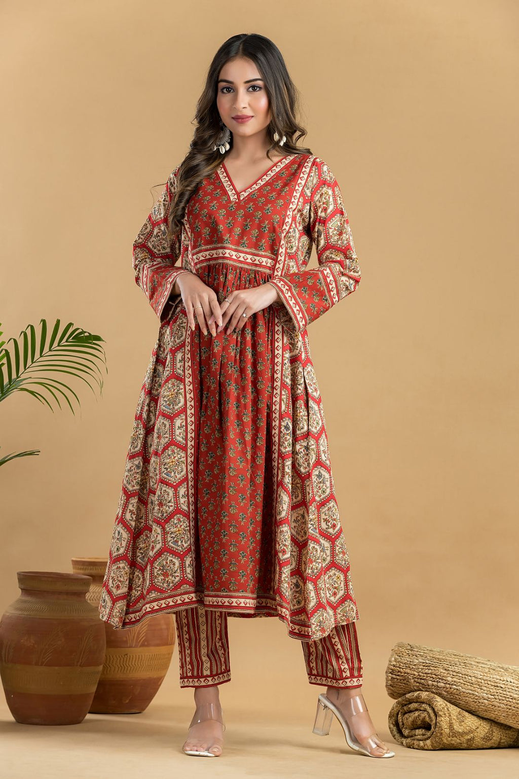 Red Floral Print A-Line Kurta With Pant
