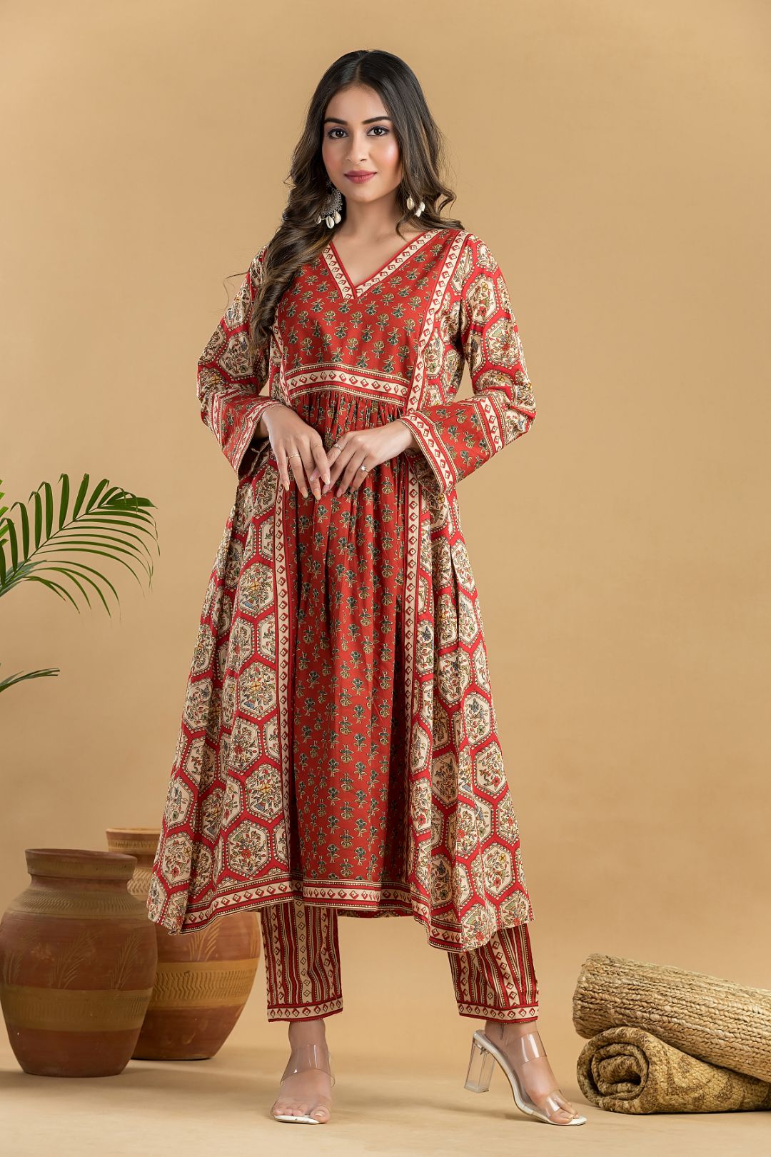 Red Floral Print A-Line Kurta With Pant