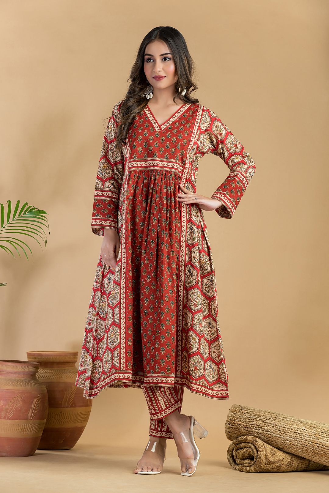 Red Floral Print A-Line Kurta With Pant