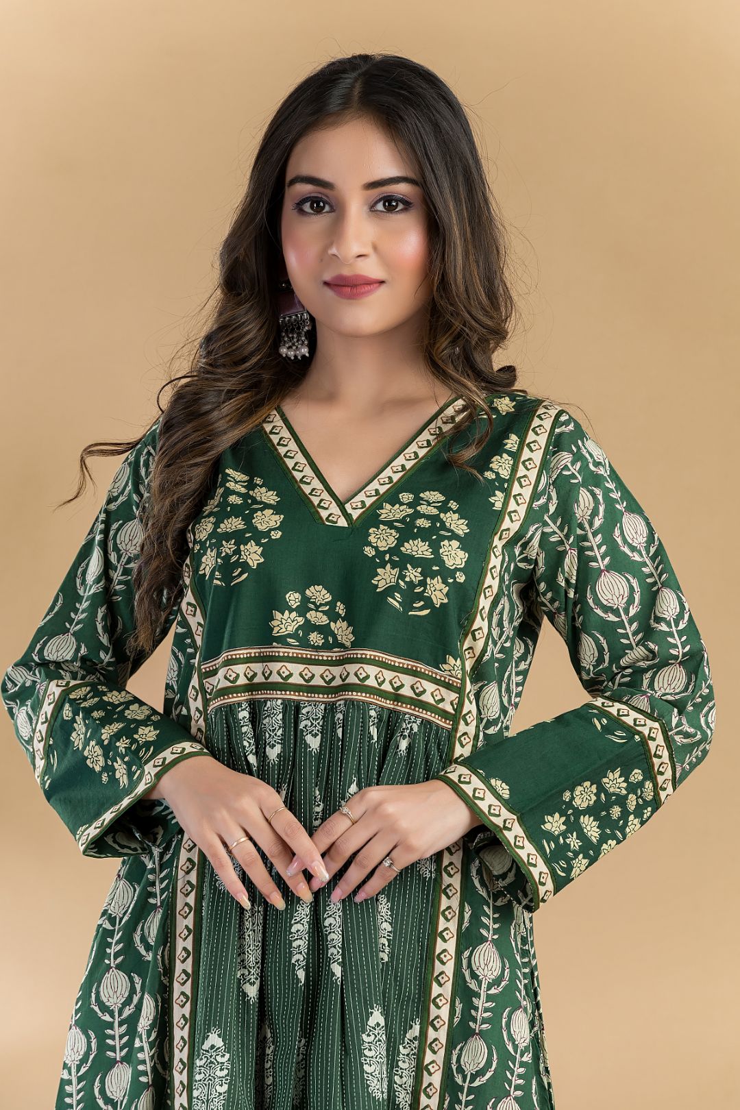 Dark Green Floral Print A-Line Kurta With Pant
