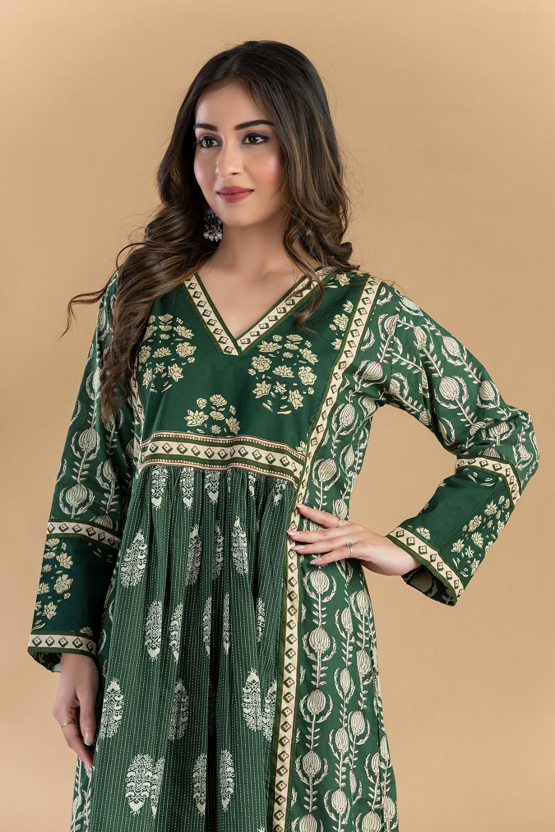 Dark Green Floral Print A-Line Kurta With Pant