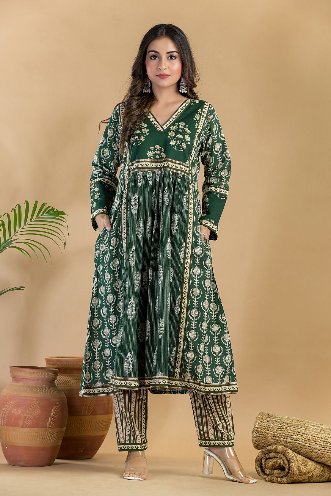 Dark Green Floral Print A-Line Kurta With Pant