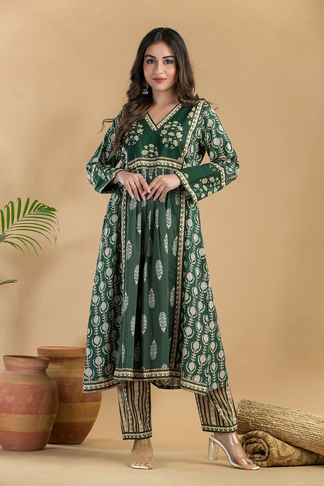 Dark Green Floral Print A-Line Kurta With Pant