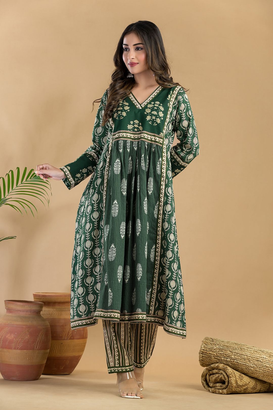 Dark Green Floral Print A-Line Kurta With Pant