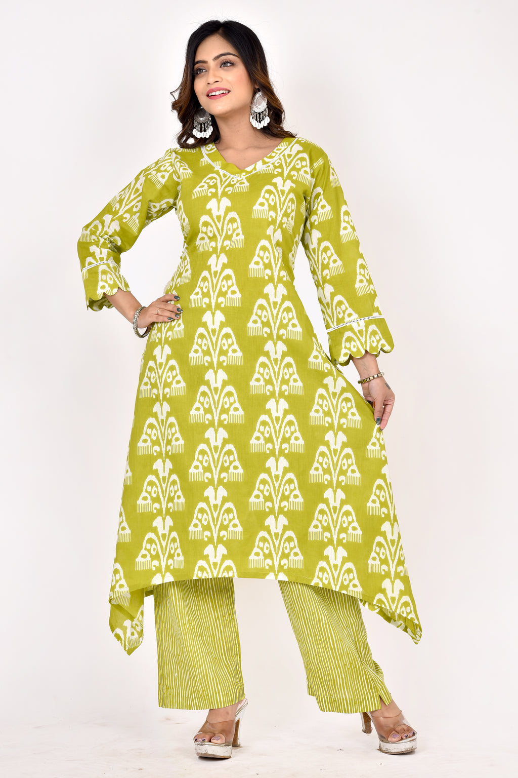 Lime green Floral Print A-Line Kurta With Pant