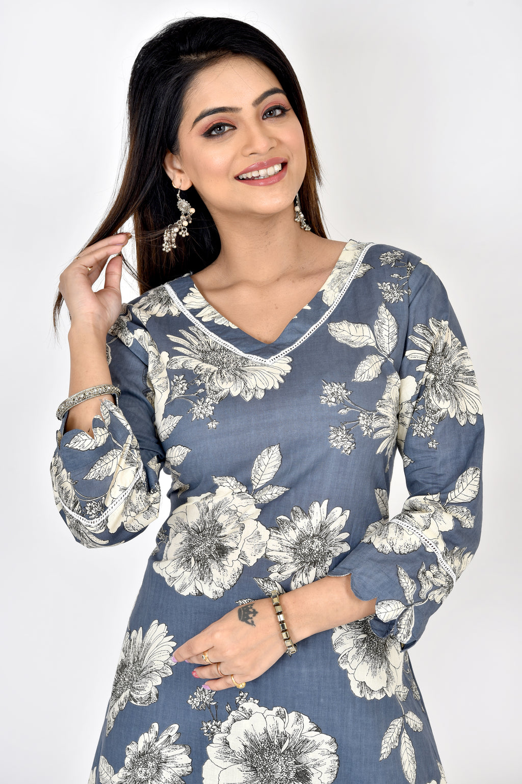 Slate Grey Floral Print A-Line Kurta With Pant