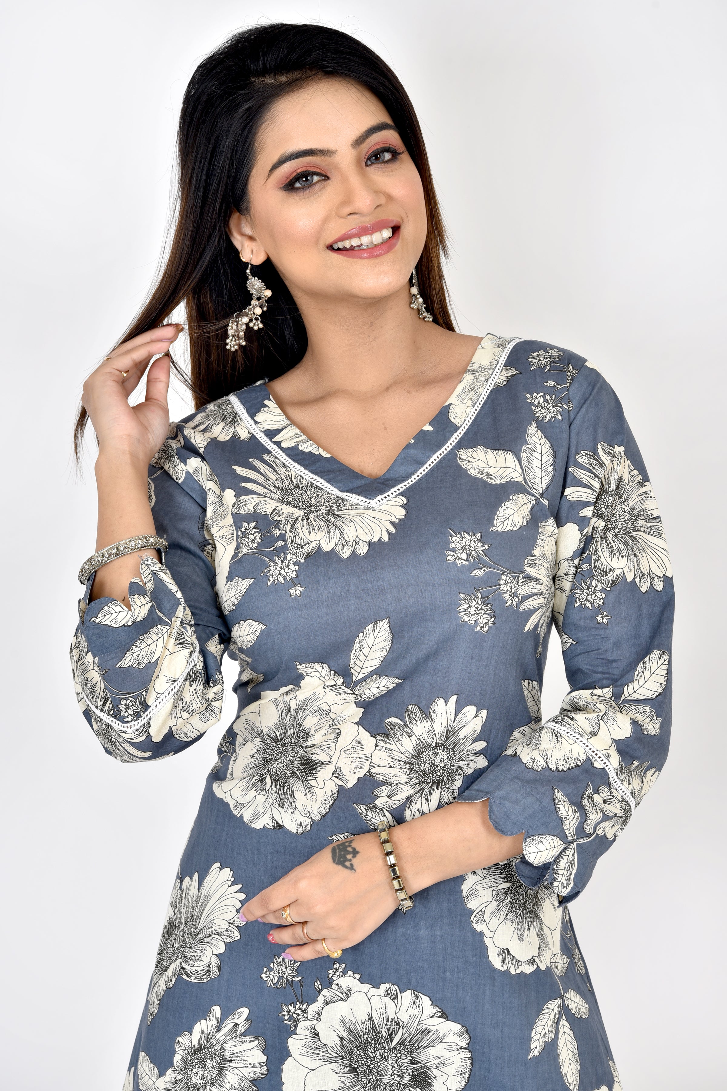 Slate Grey Floral Print A-Line Kurta With Pant