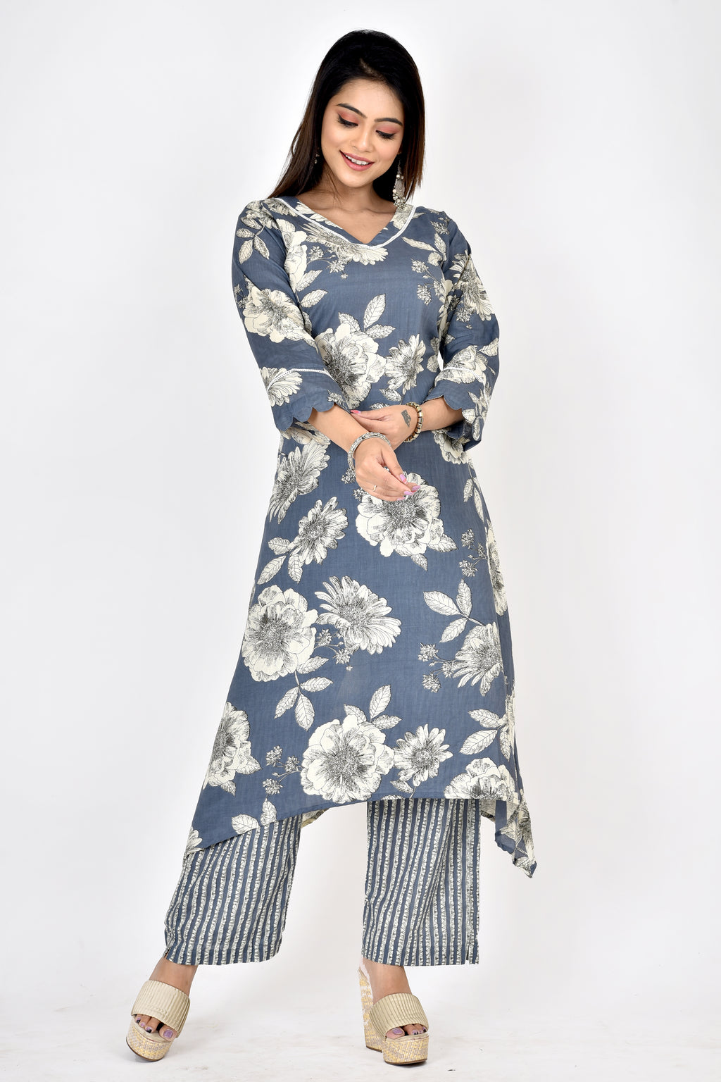 Slate Grey Floral Print A-Line Kurta With Pant