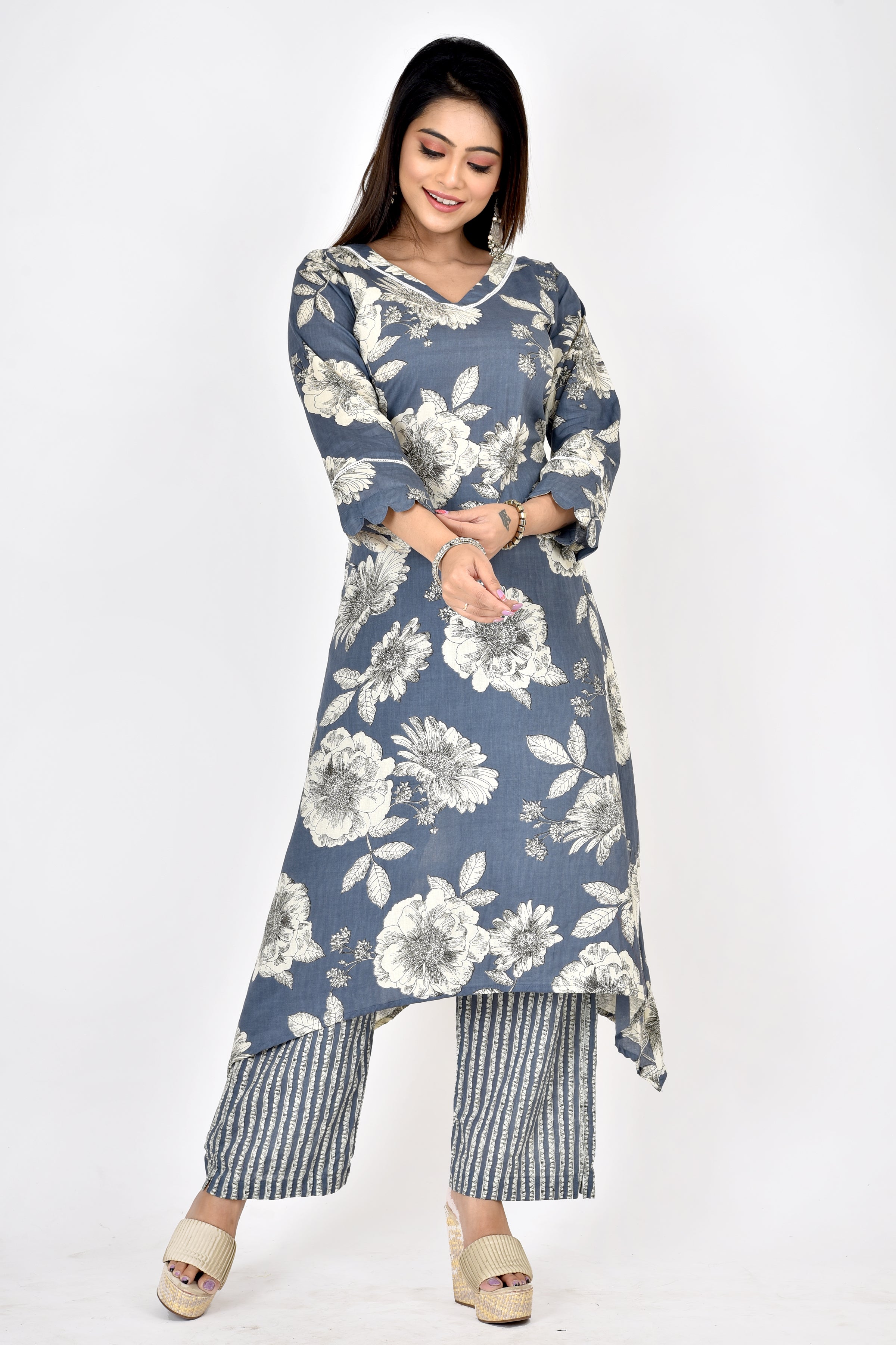 Slate Grey Floral Print A-Line Kurta With Pant