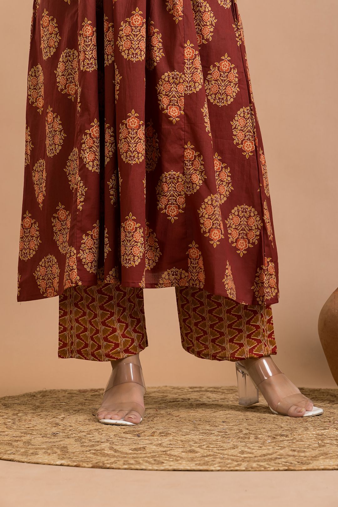 Maroon Floral Print A-Line Kurta With Pant
