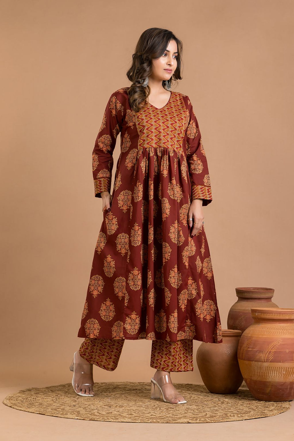 Maroon Floral Print A-Line Kurta With Pant