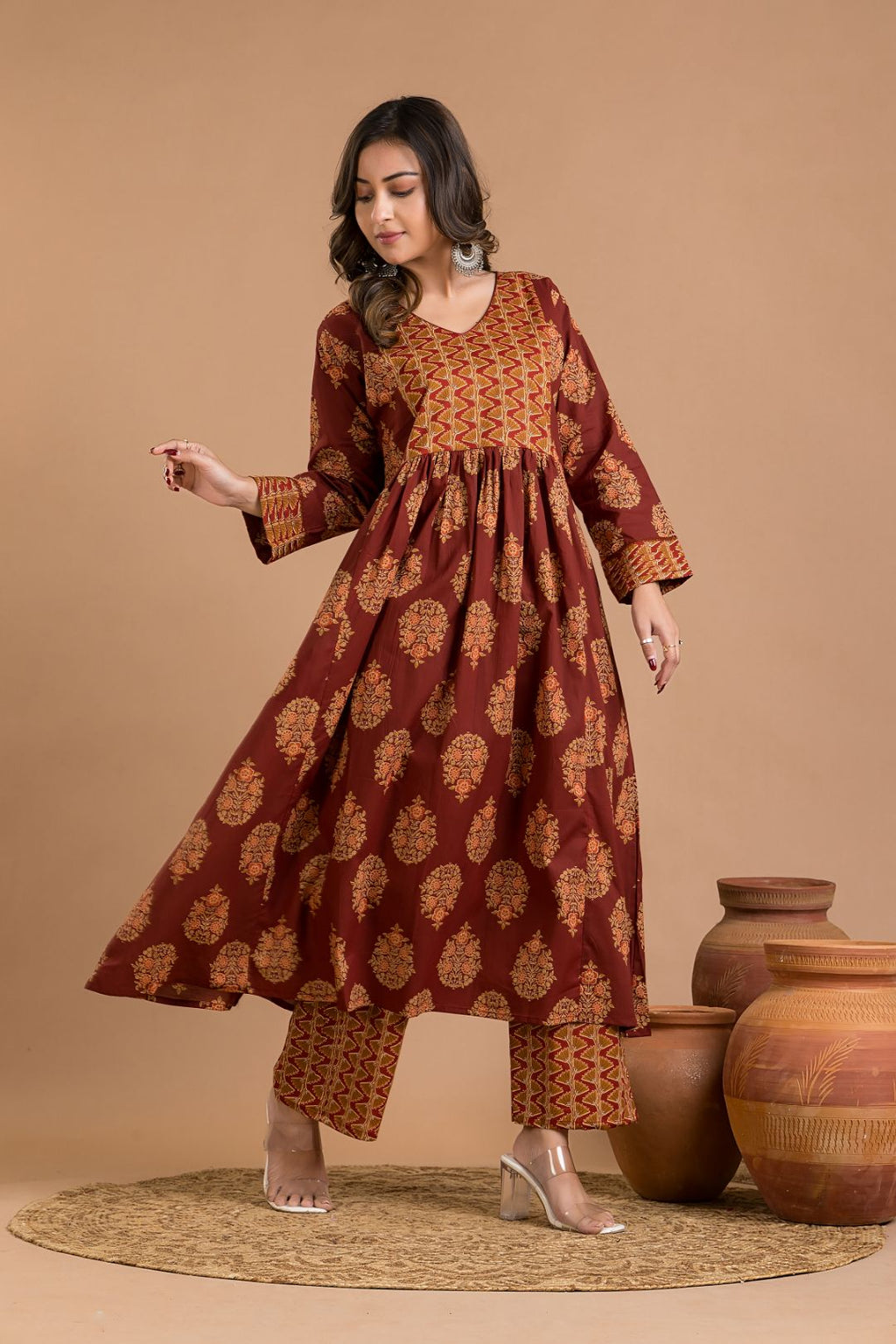Maroon Floral Print A-Line Kurta With Pant