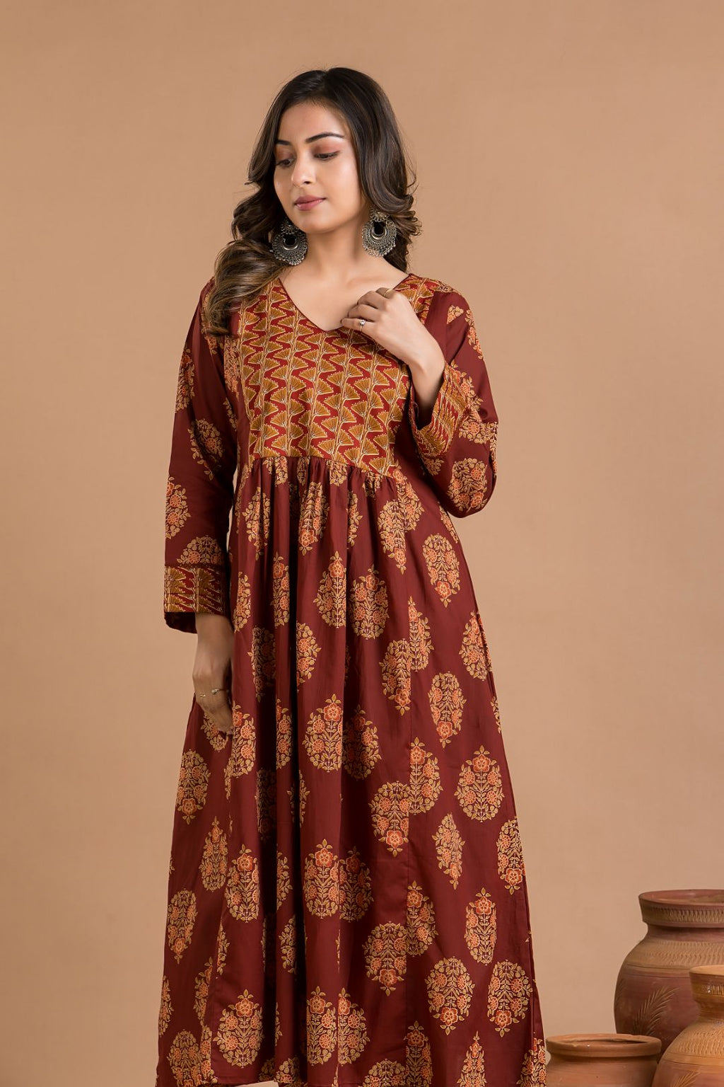 Maroon Floral Print A-Line Kurta With Pant