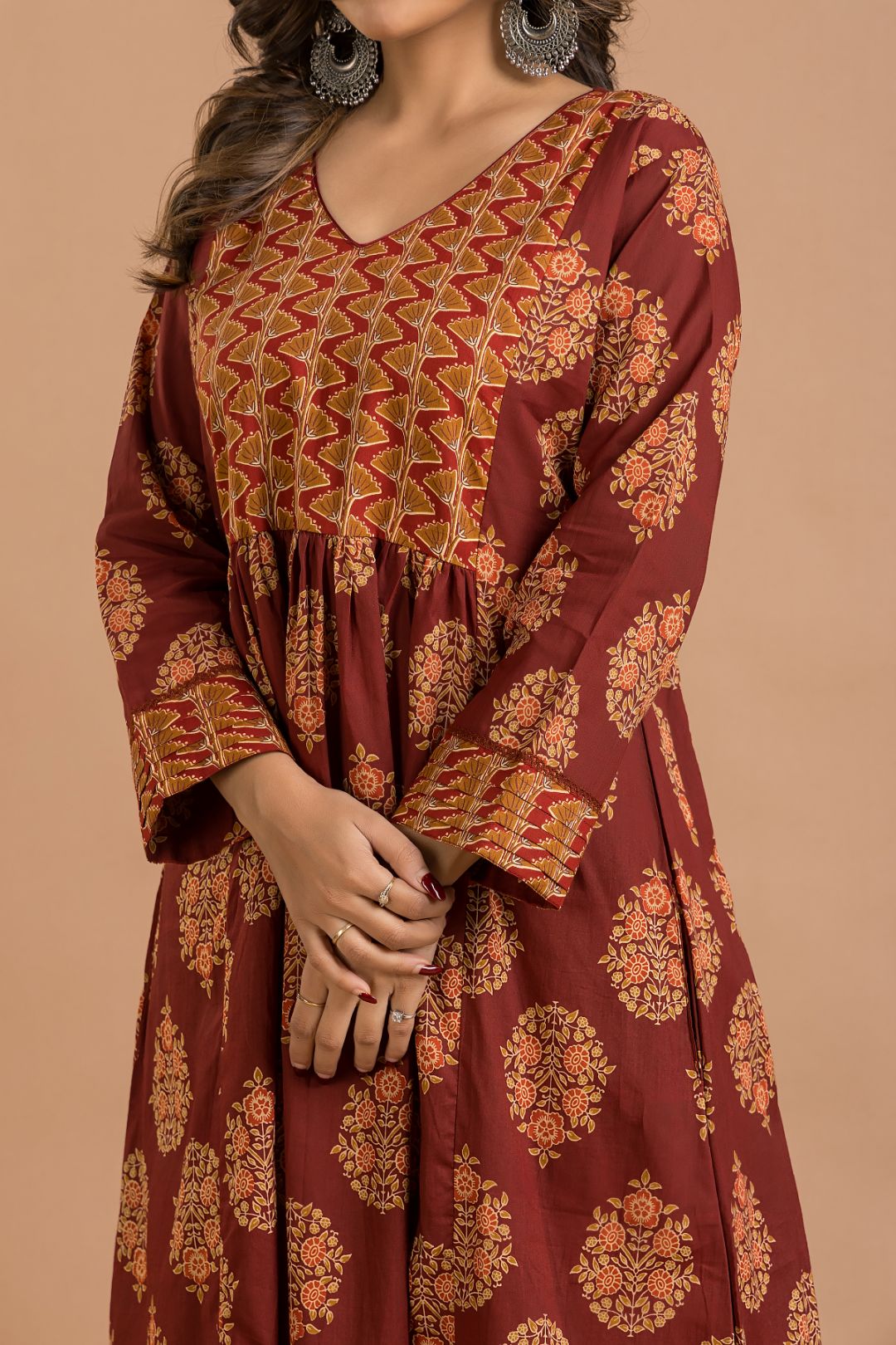 Maroon Floral Print A-Line Kurta With Pant