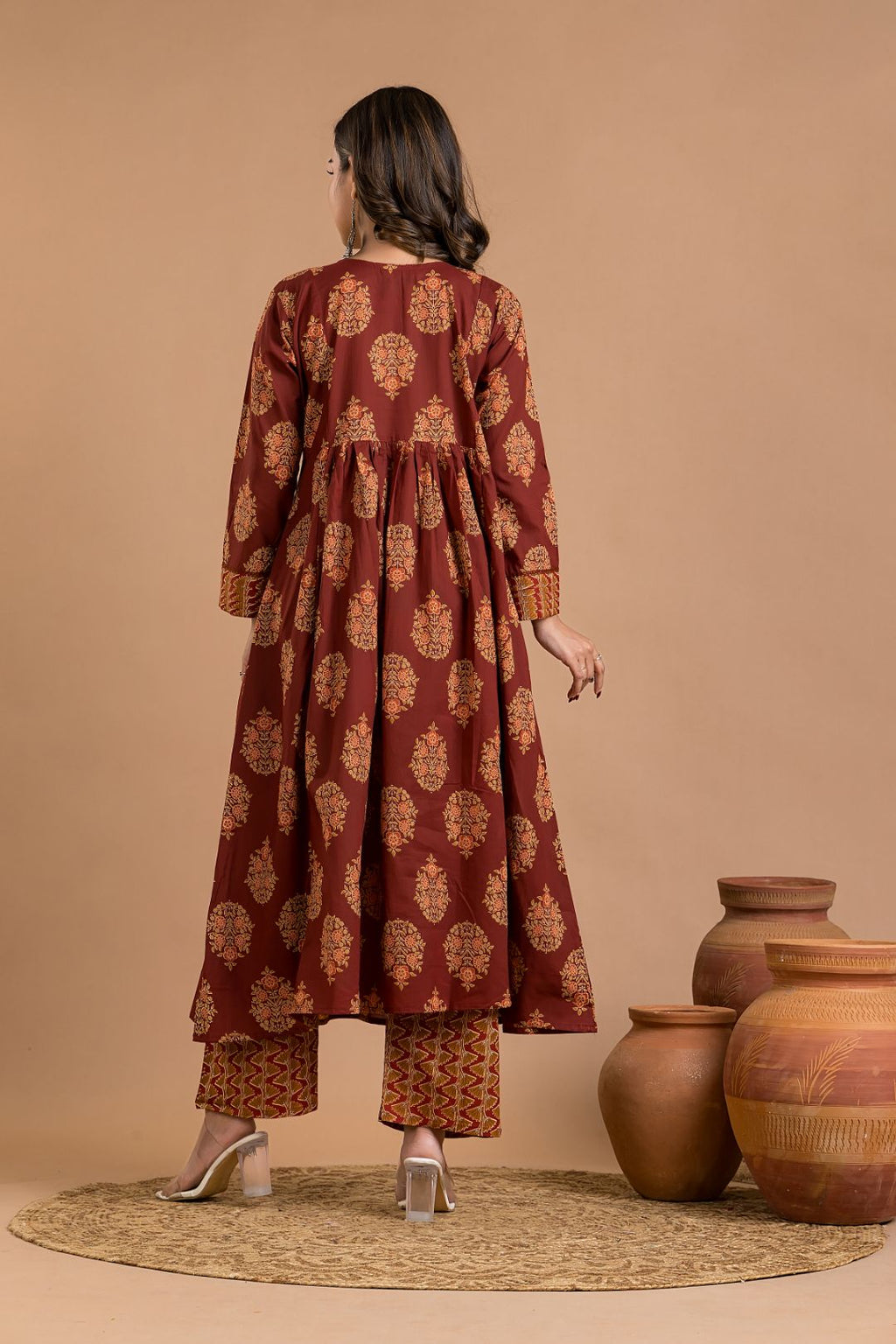 Maroon Floral Print A-Line Kurta With Pant