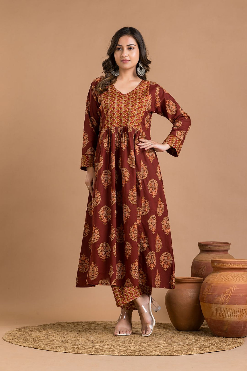 Maroon Floral Print A-Line Kurta With Pant