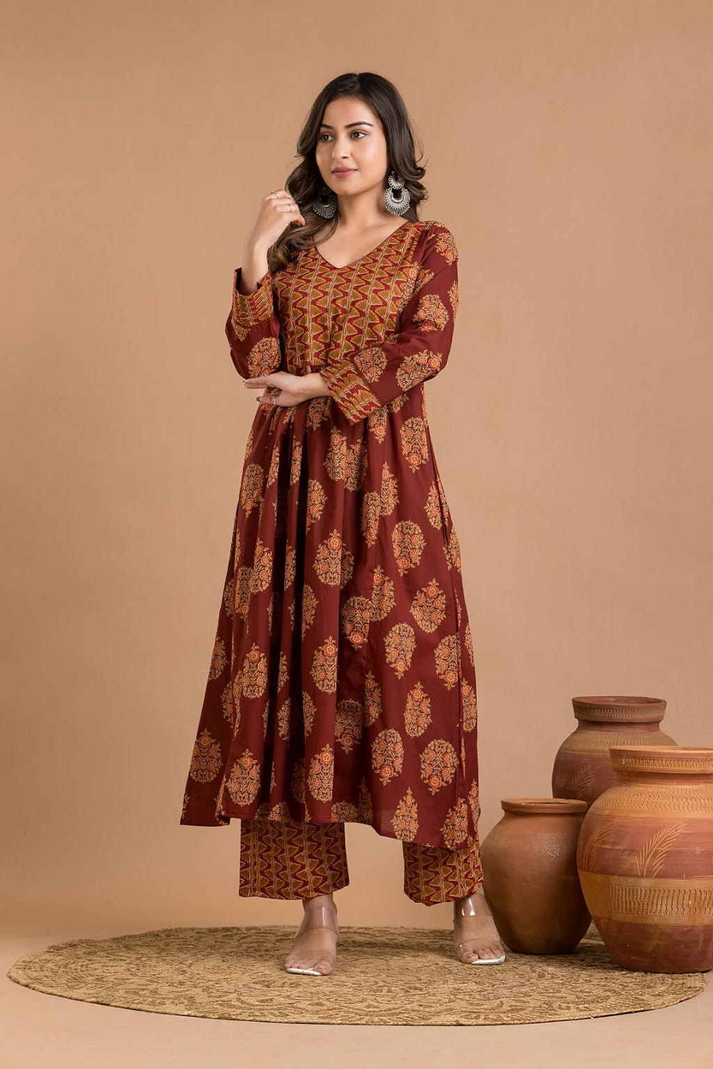 Maroon Floral Print A-Line Kurta With Pant