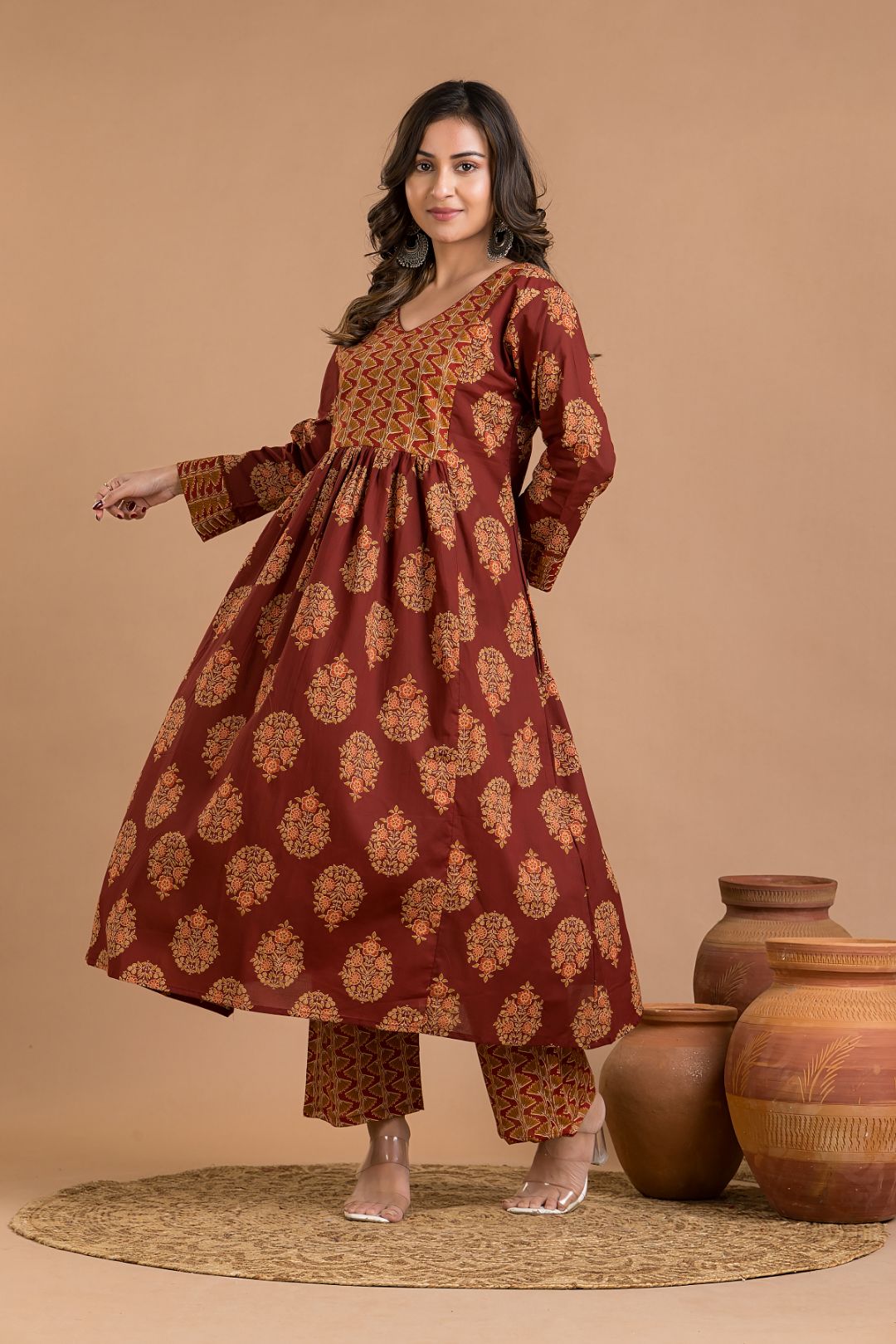 Maroon Floral Print A-Line Kurta With Pant