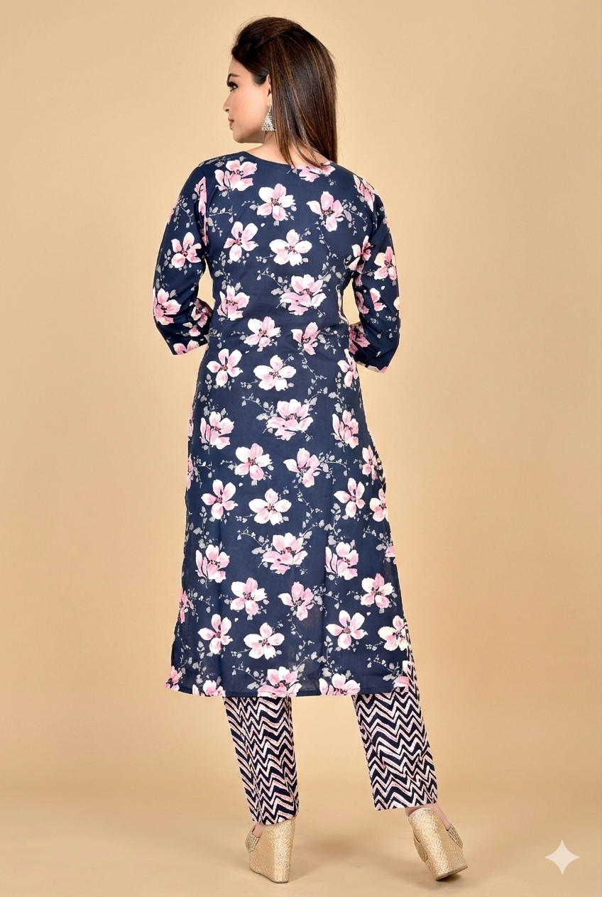 Navy Blue & Pink Floral Print Kurta With Pant