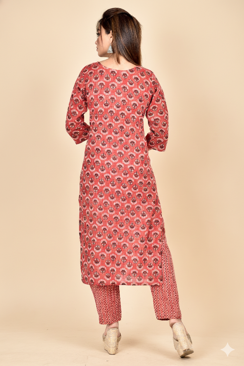 Carmine Red  Floral Print Threadwork Kurta With Pant