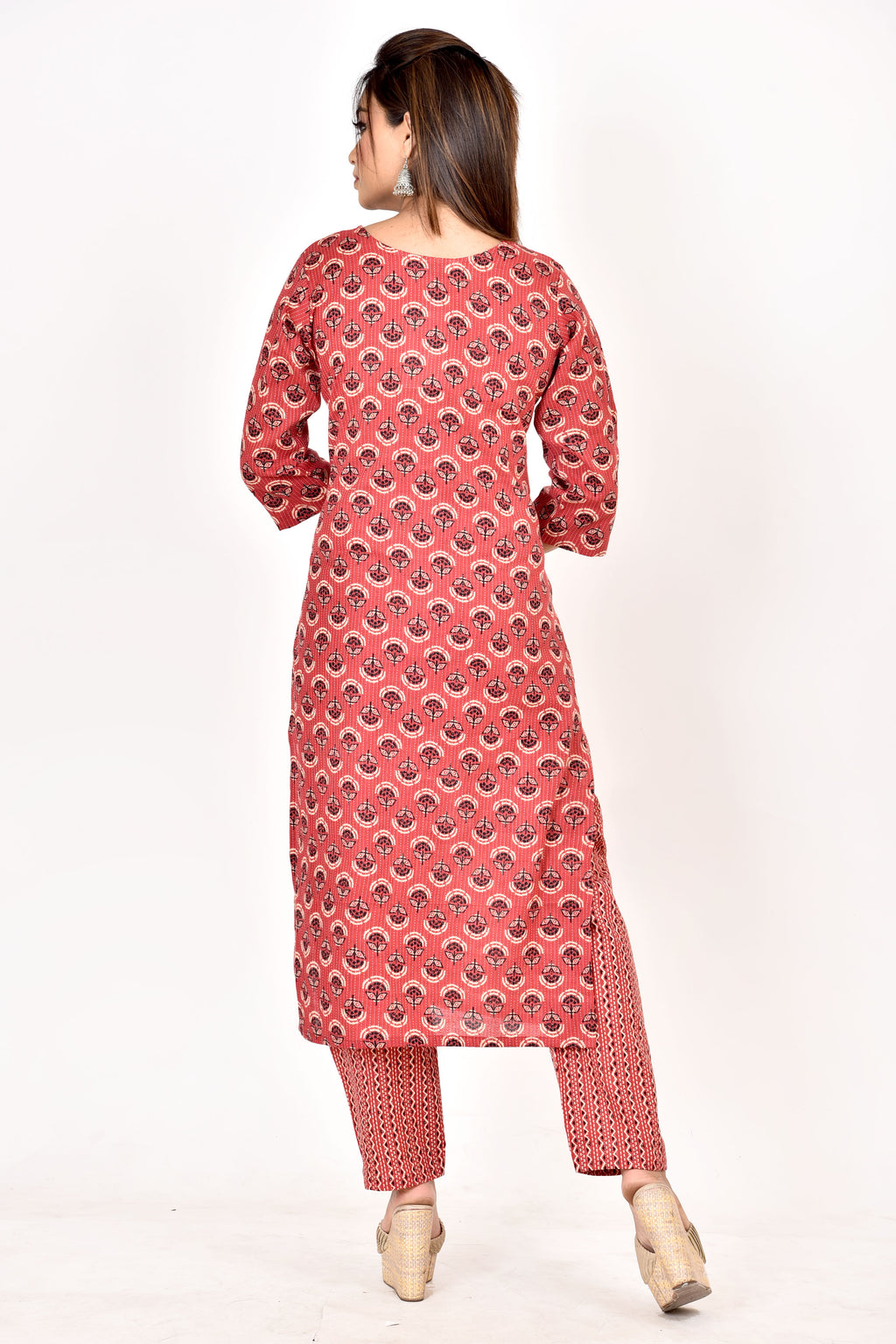 Carmine Red  Floral Print Threadwork Kurta With Pant