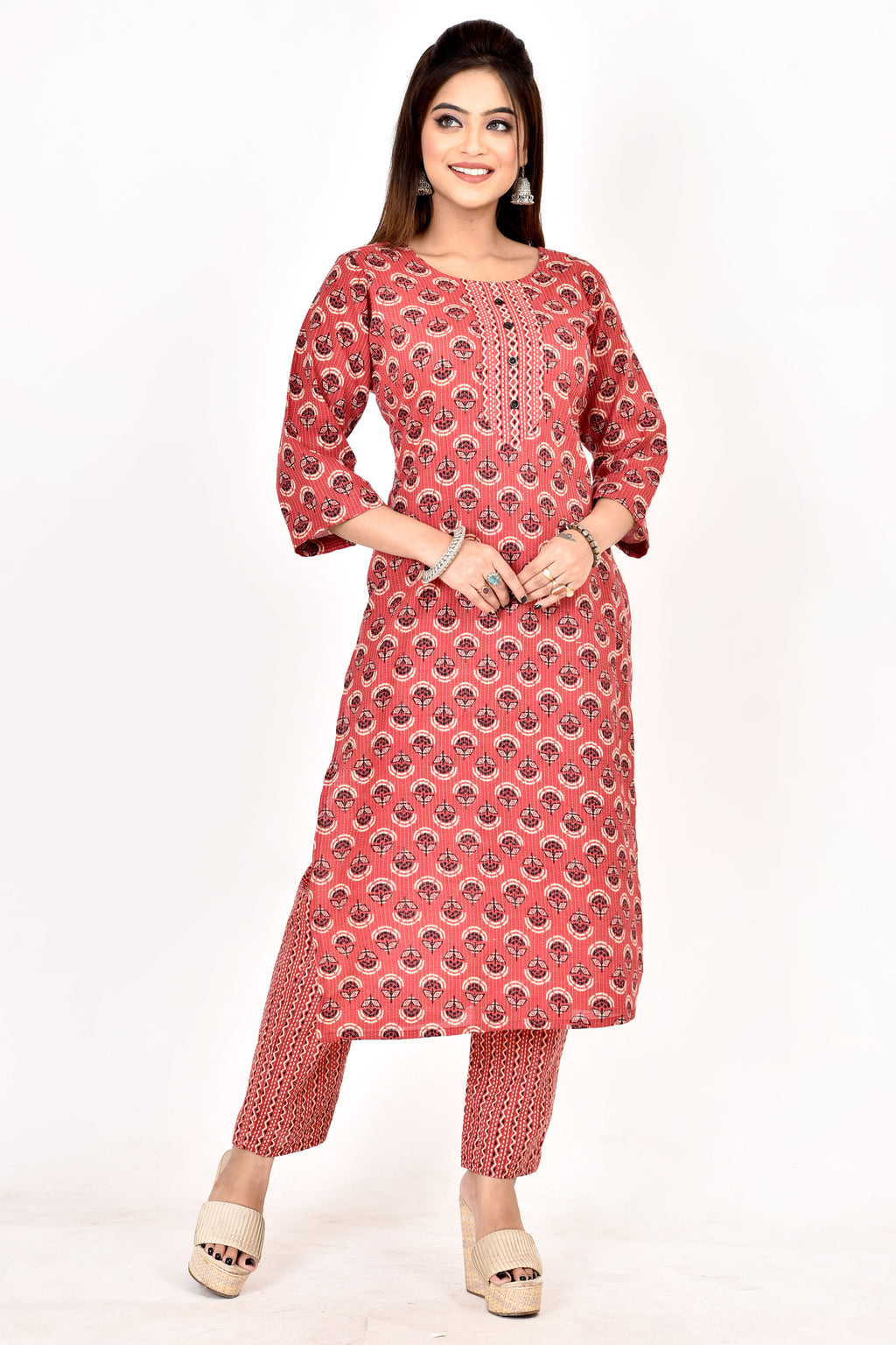 Carmine Red  Floral Print Threadwork Kurta With Pant