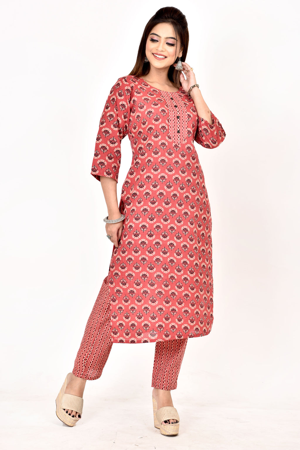 Carmine Red  Floral Print Threadwork Kurta With Pant