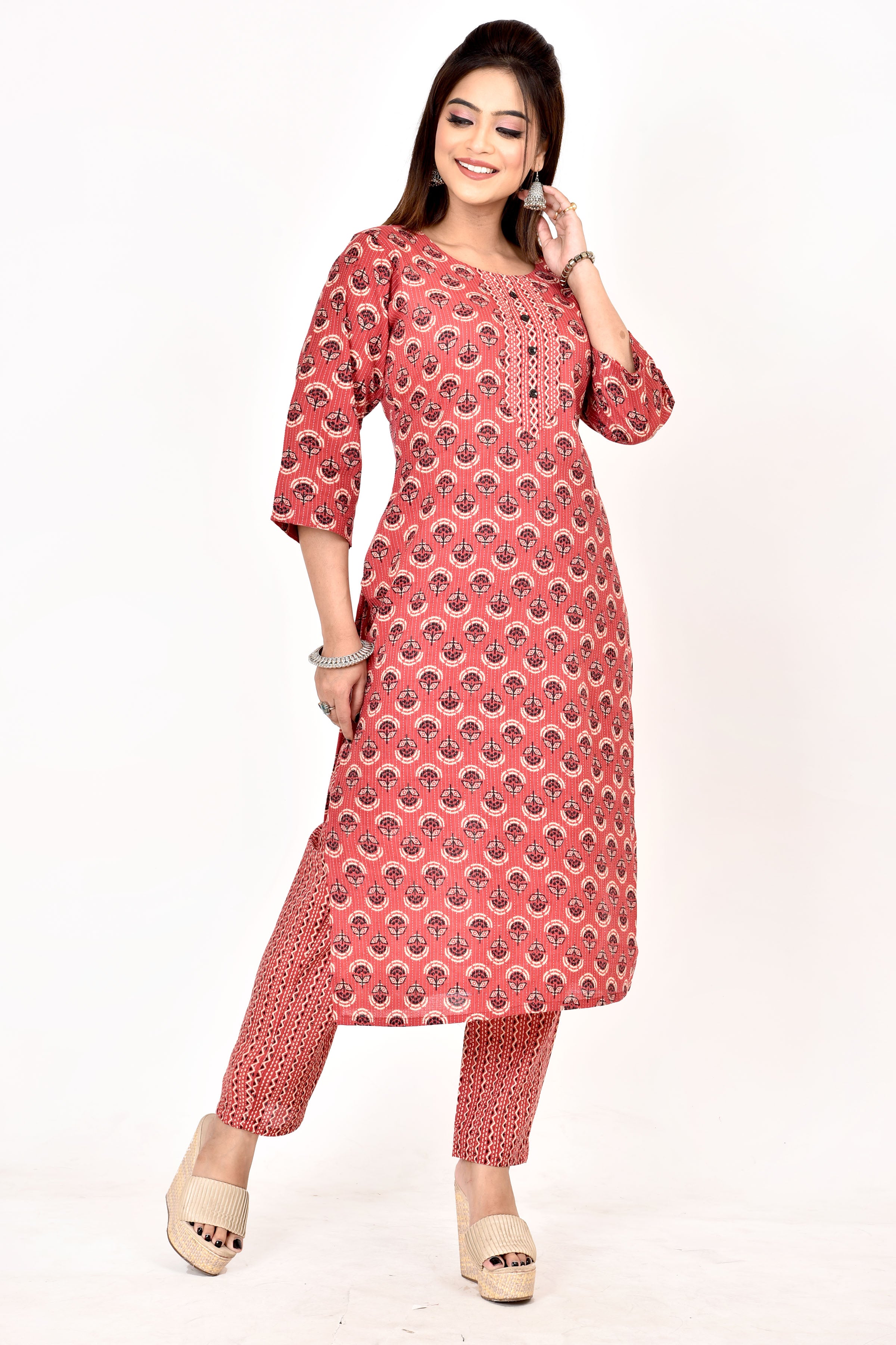 Carmine Red  Floral Print Threadwork Kurta With Pant