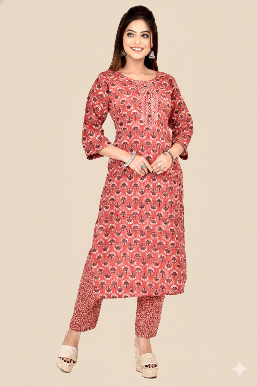 Carmine Red  Floral Print Threadwork Kurta With Pant