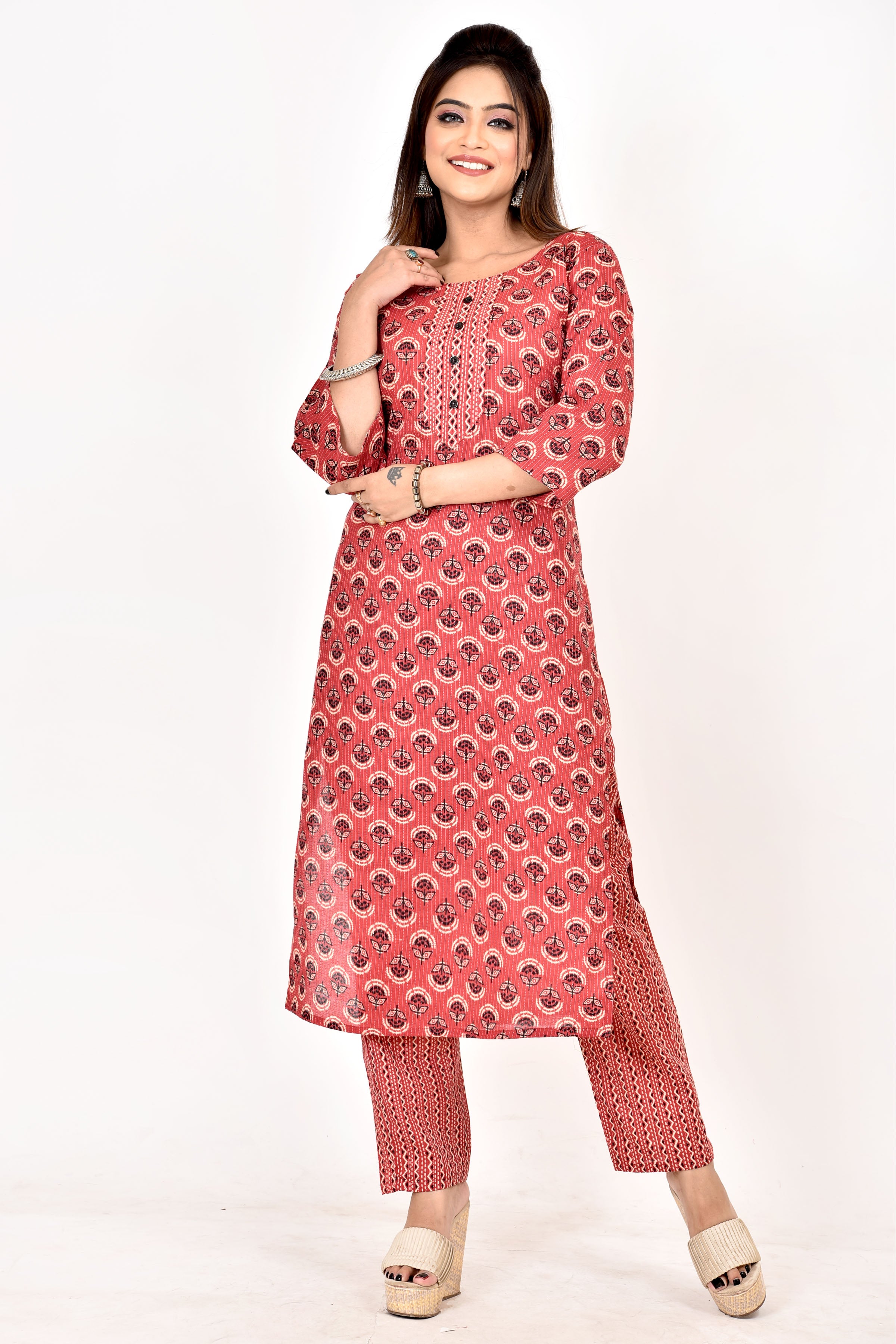 Carmine Red  Floral Print Threadwork Kurta With Pant