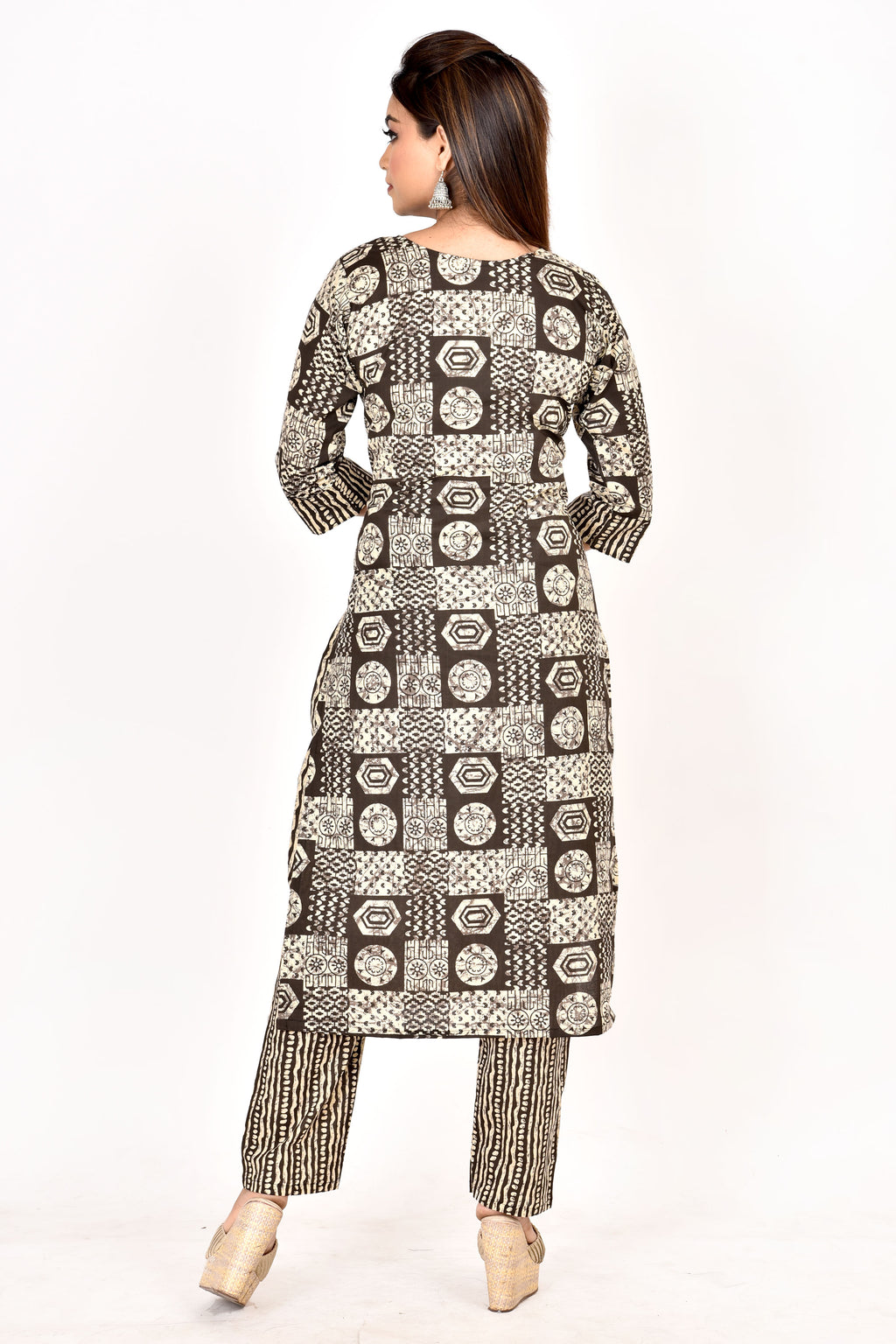 Dark Brown Geometric Print  Kurta With Pant