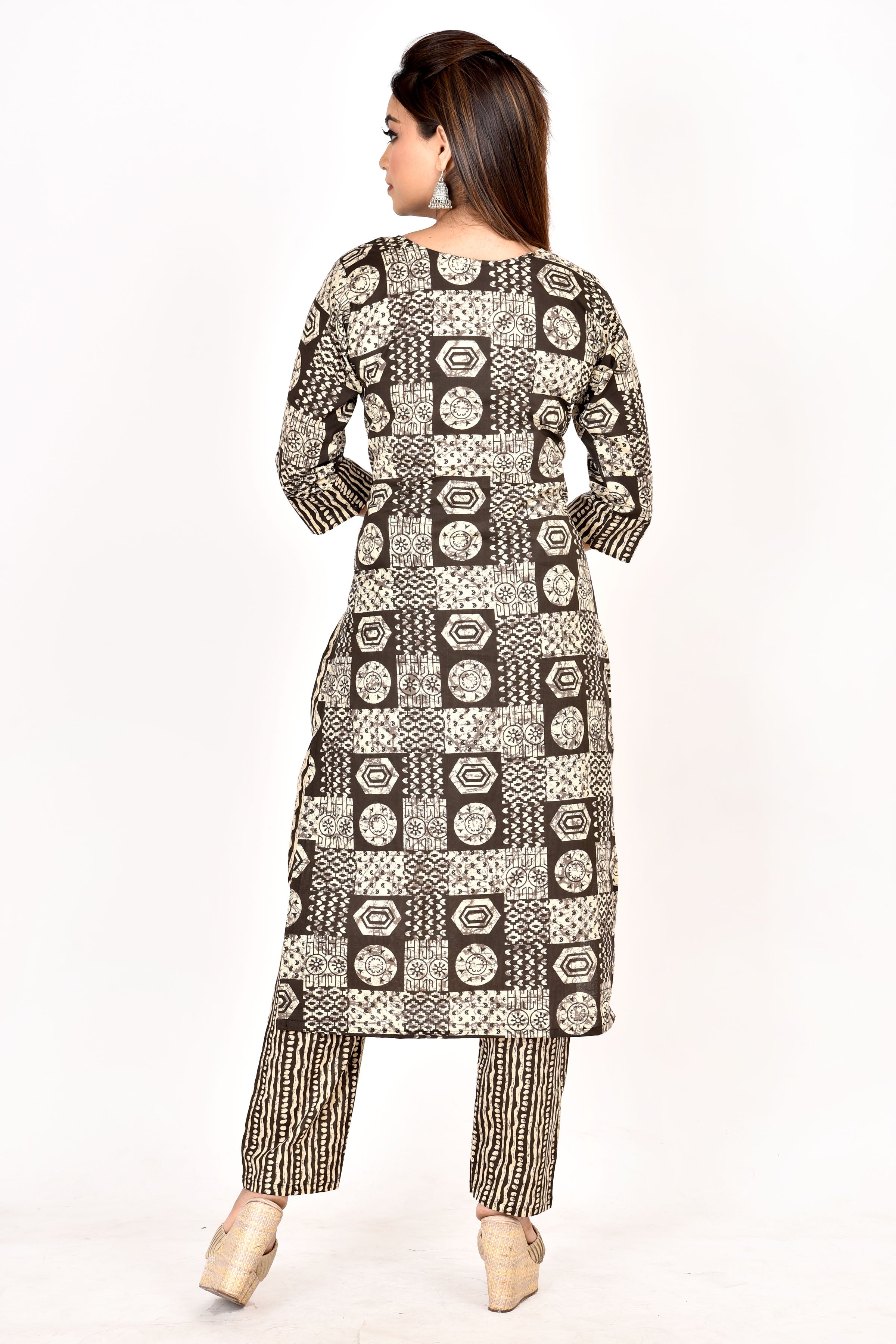 Dark Brown Geometric Print  Kurta With Pant