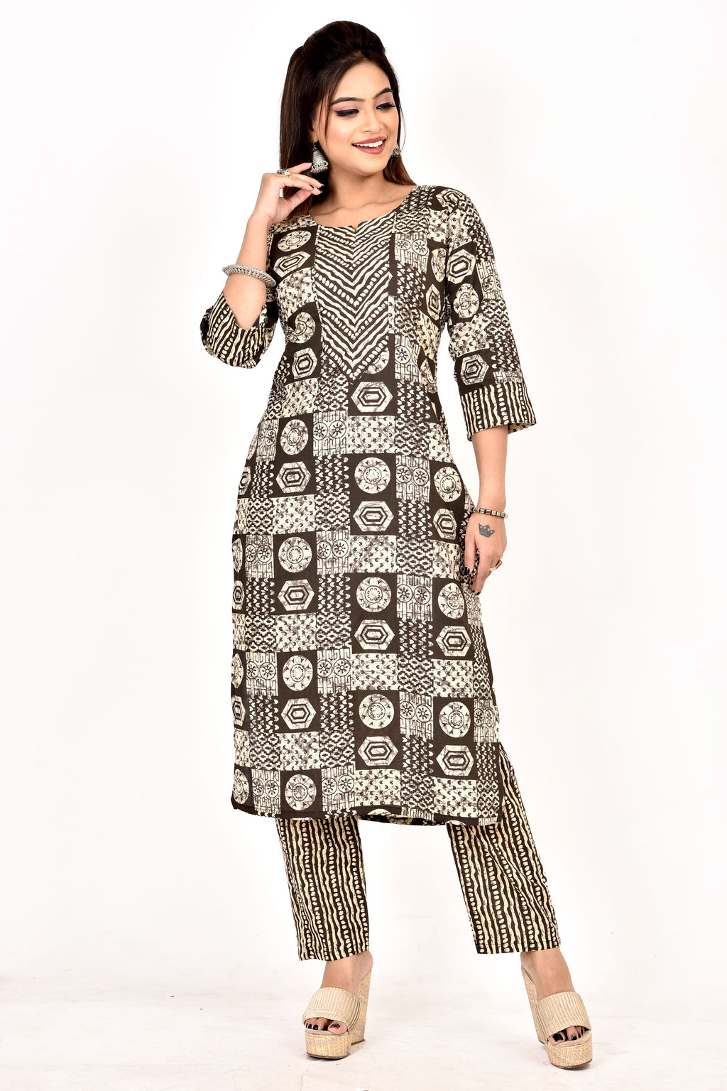 Dark Brown Geometric Print  Kurta With Pant