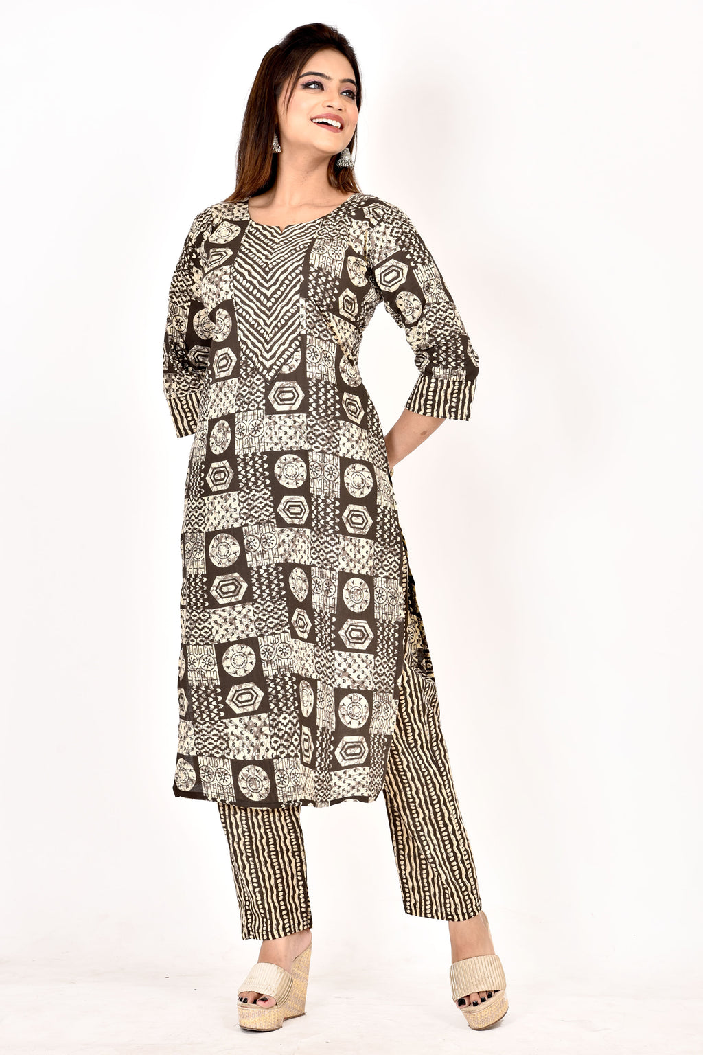 Dark Brown Geometric Print  Kurta With Pant