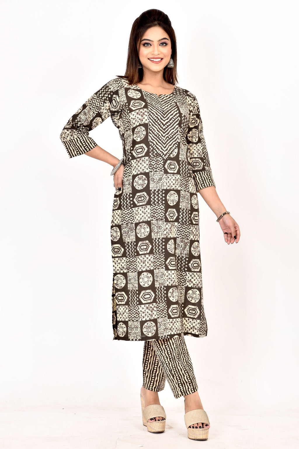 Dark Brown Geometric Print  Kurta With Pant
