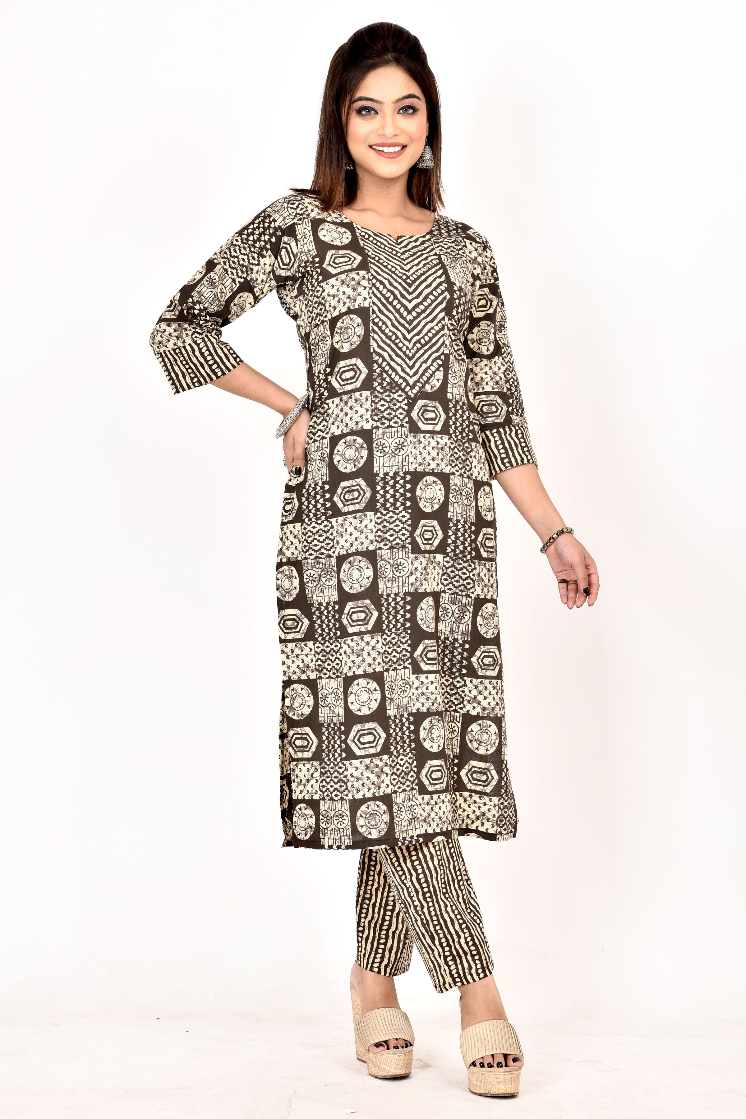 Dark Brown Geometric Print  Kurta With Pant