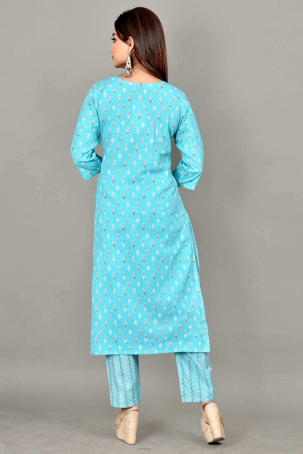 Aqua Blue Leaf Print Threadwork Kurta With Pant