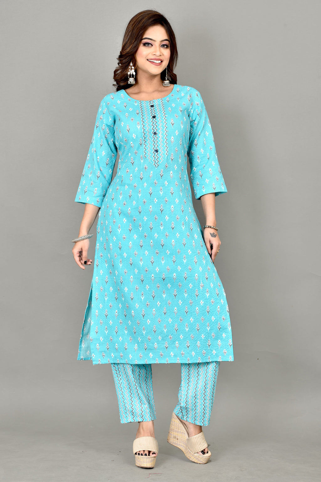 Aqua Blue Leaf Print Threadwork Kurta With Pant
