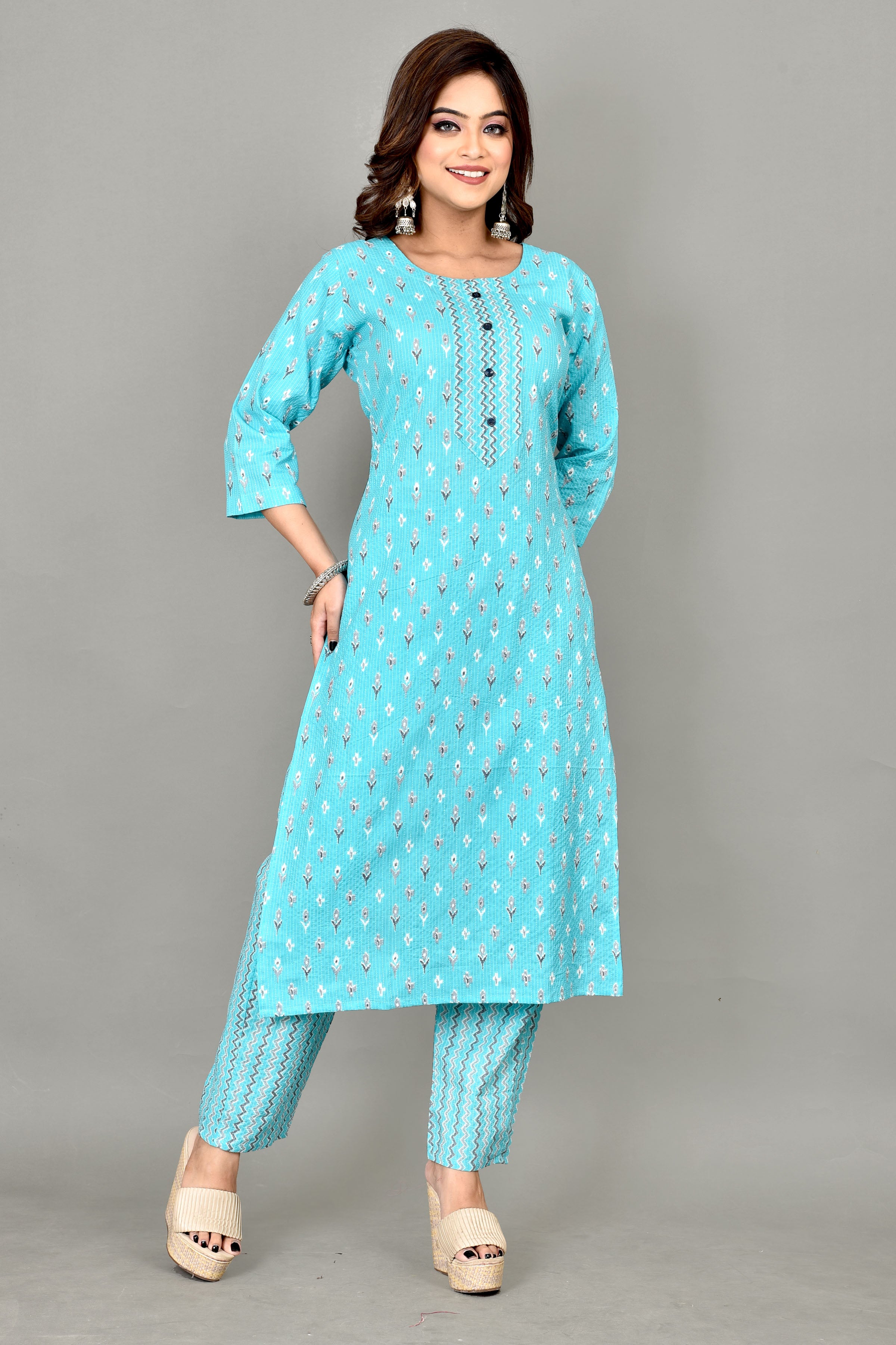 Aqua Blue Leaf Print Threadwork Kurta With Pant