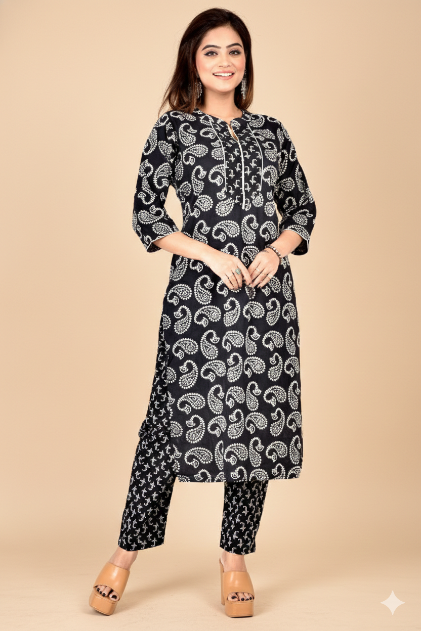 Black Paisley Print Kurta With Pant