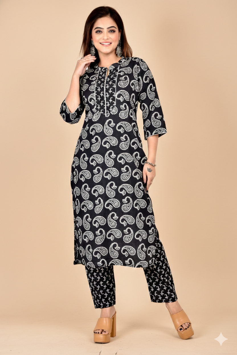 Black Paisley Print Kurta With Pant