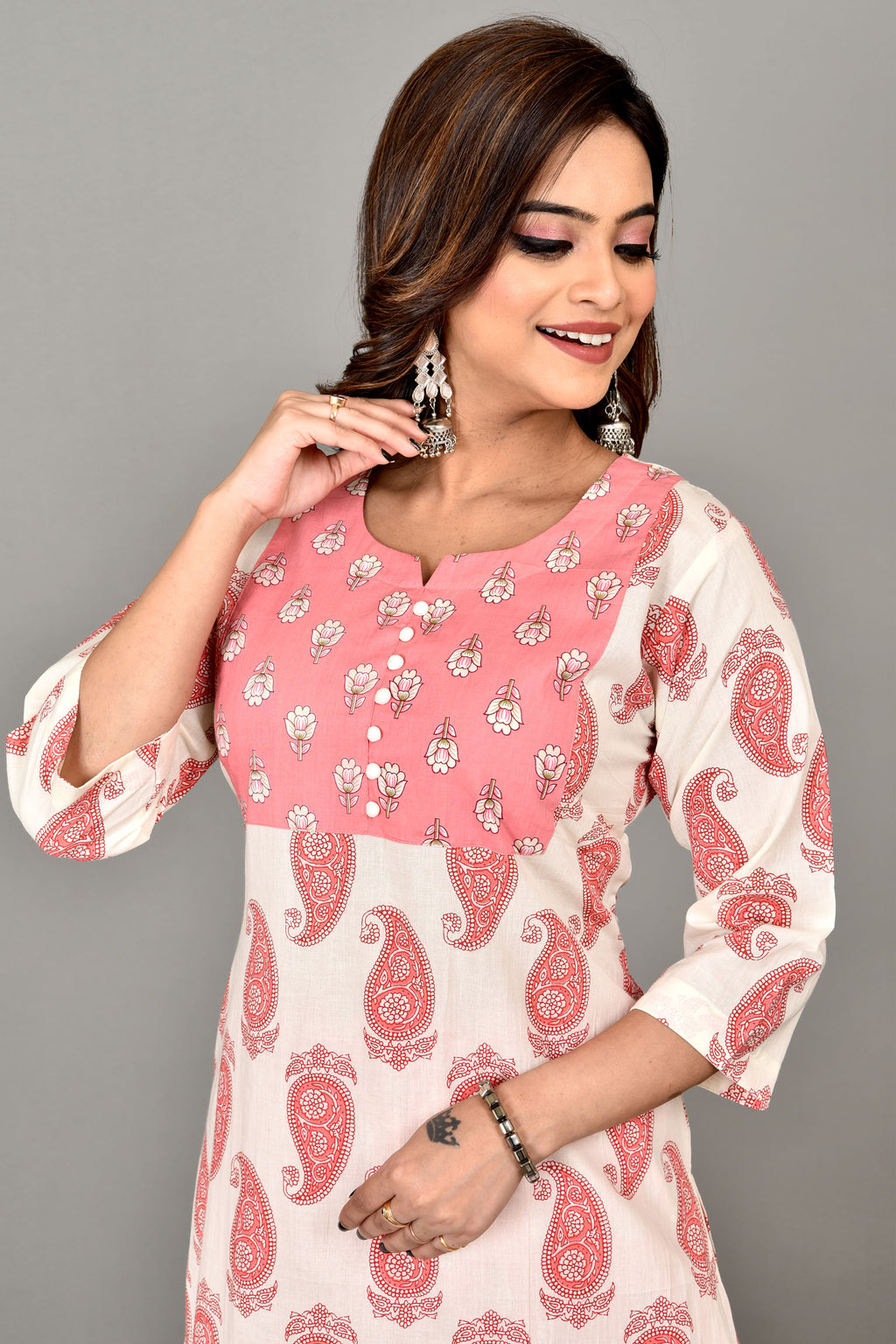 White & Pink Paisley Print Kurta With Pant
